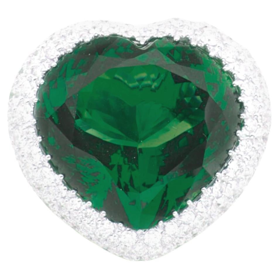 Colombian Heart-Cut 11 Carat Emerald Ring with Pavé Diamonds in 18K White Gold