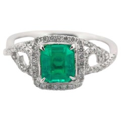 Colombian Minor 1.55ct Natural Green Emerald & Diamonds Engagement Ring 18K GRS