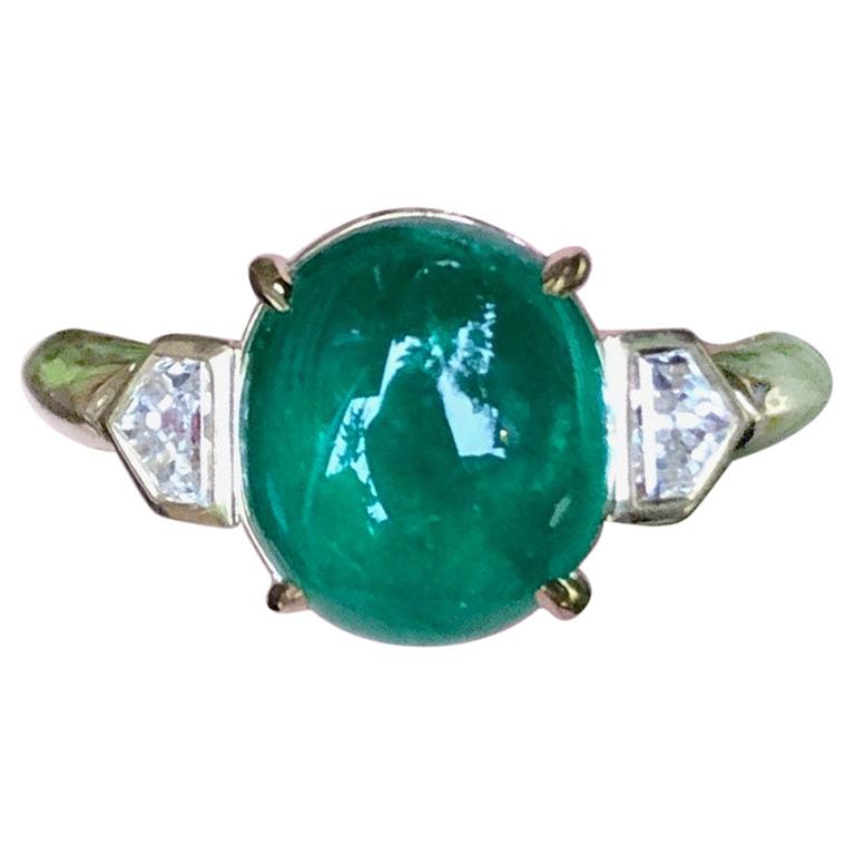 Colombian Muzo Emerald Cabochon and Diamond Engagement Ring