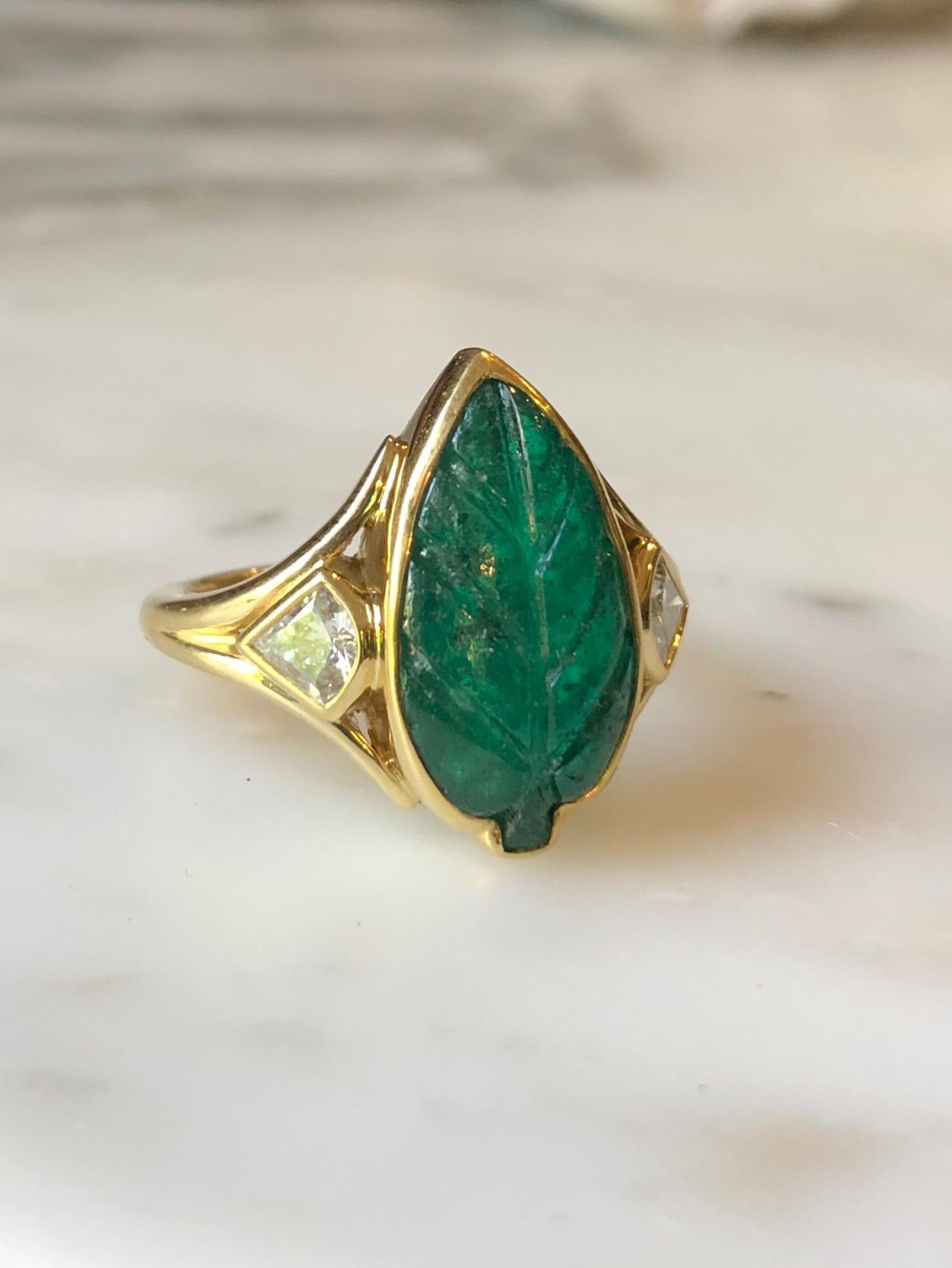 Artisan Colombian Muzo Emerald Carved Leaf and Diamond Ring