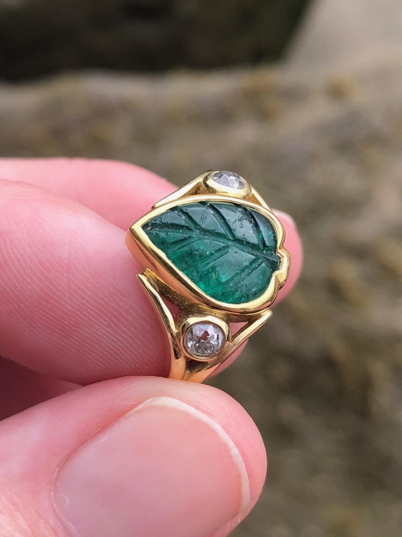Artisan Colombian Muzo Emerald Carved Leaf and Diamond Ring
