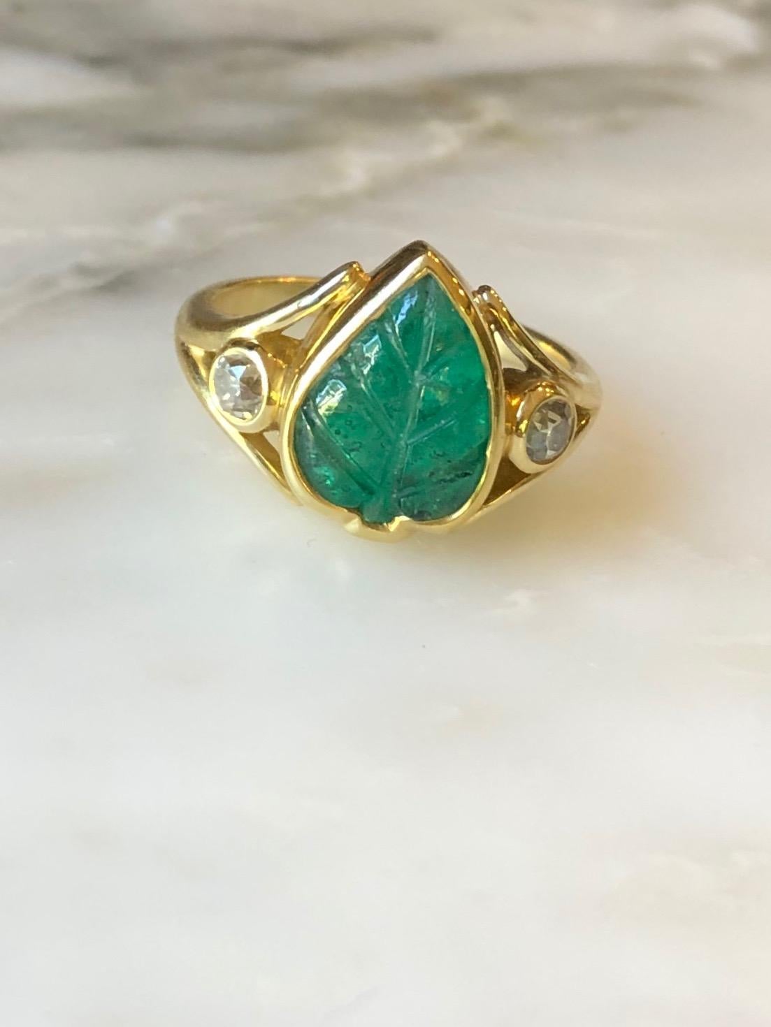 Old Mine Cut Colombian Muzo Emerald Carved Leaf and Diamond Ring