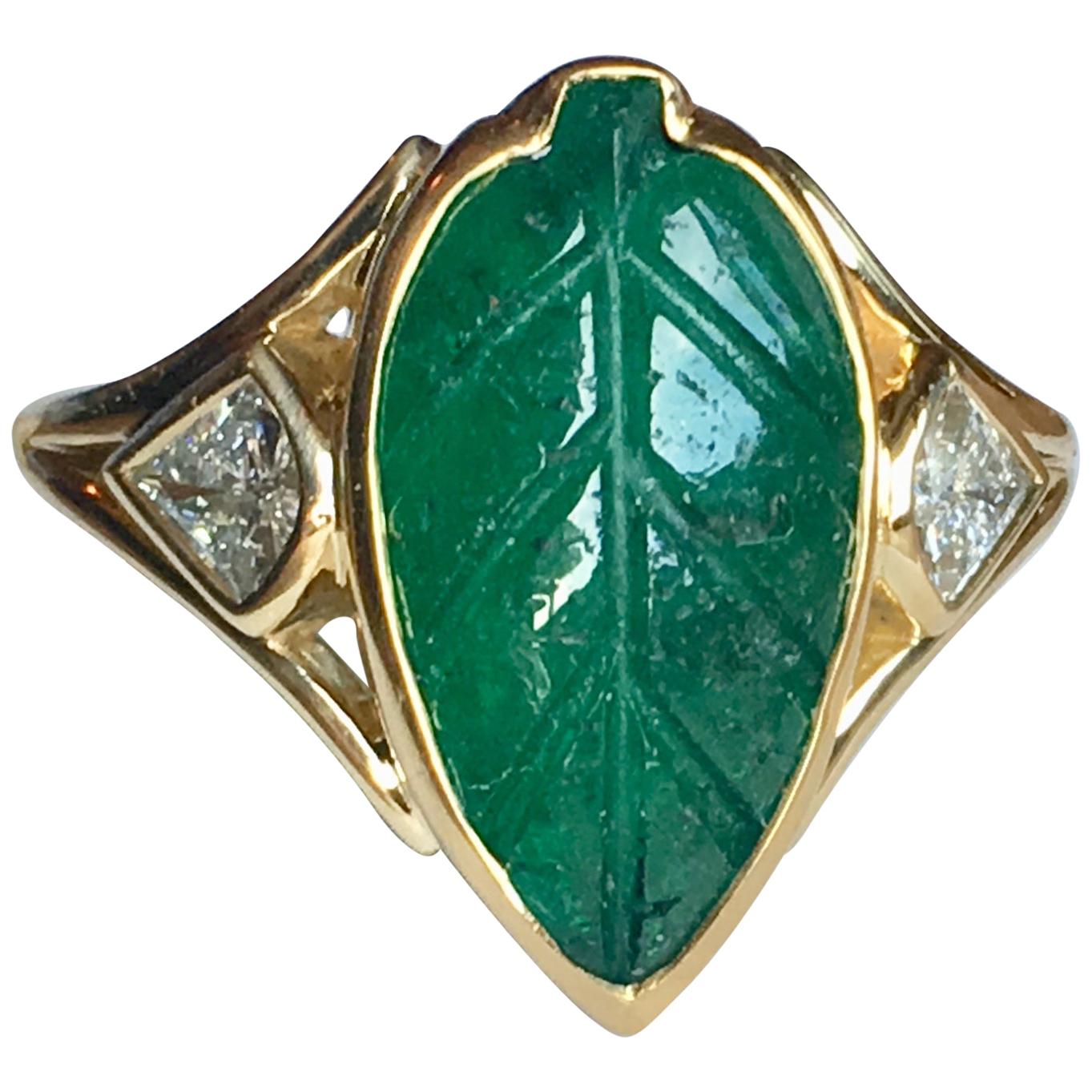 Colombian Muzo Emerald Carved Leaf and Diamond Ring