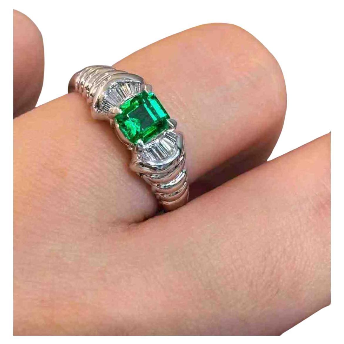 Colombian Muzo Emerald Ring, 0.60ct Platinum Band with Diamonds, New For Sale