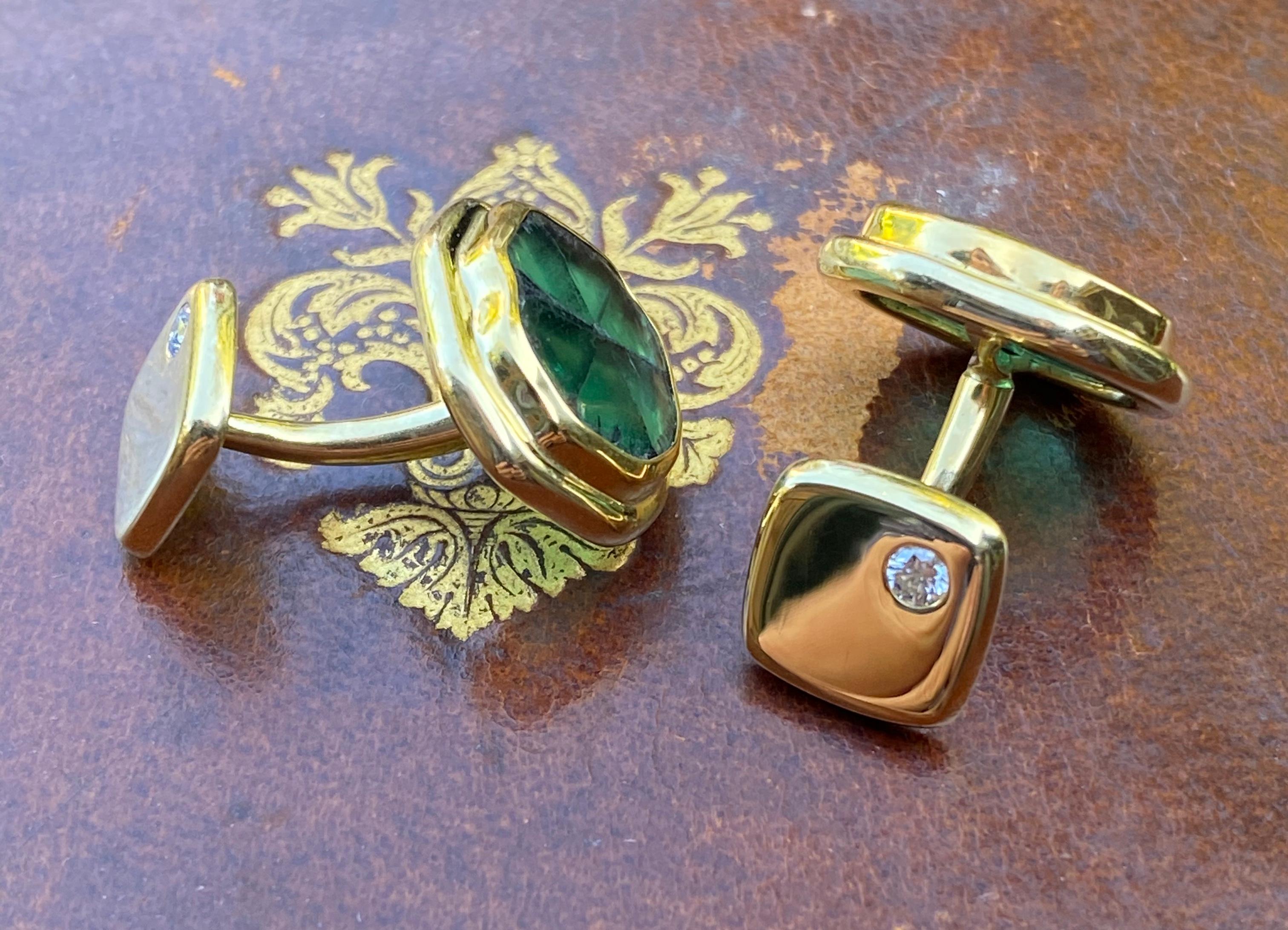 These Colombian Muzo emerald trapiche cuff links are hand forged in 22 and 18 karat gold. Trapiche are a natural Colombian emerald formation found in and near the legendary Muzo mines in Colombia. 
These are one of a kind cuff links made by hand in