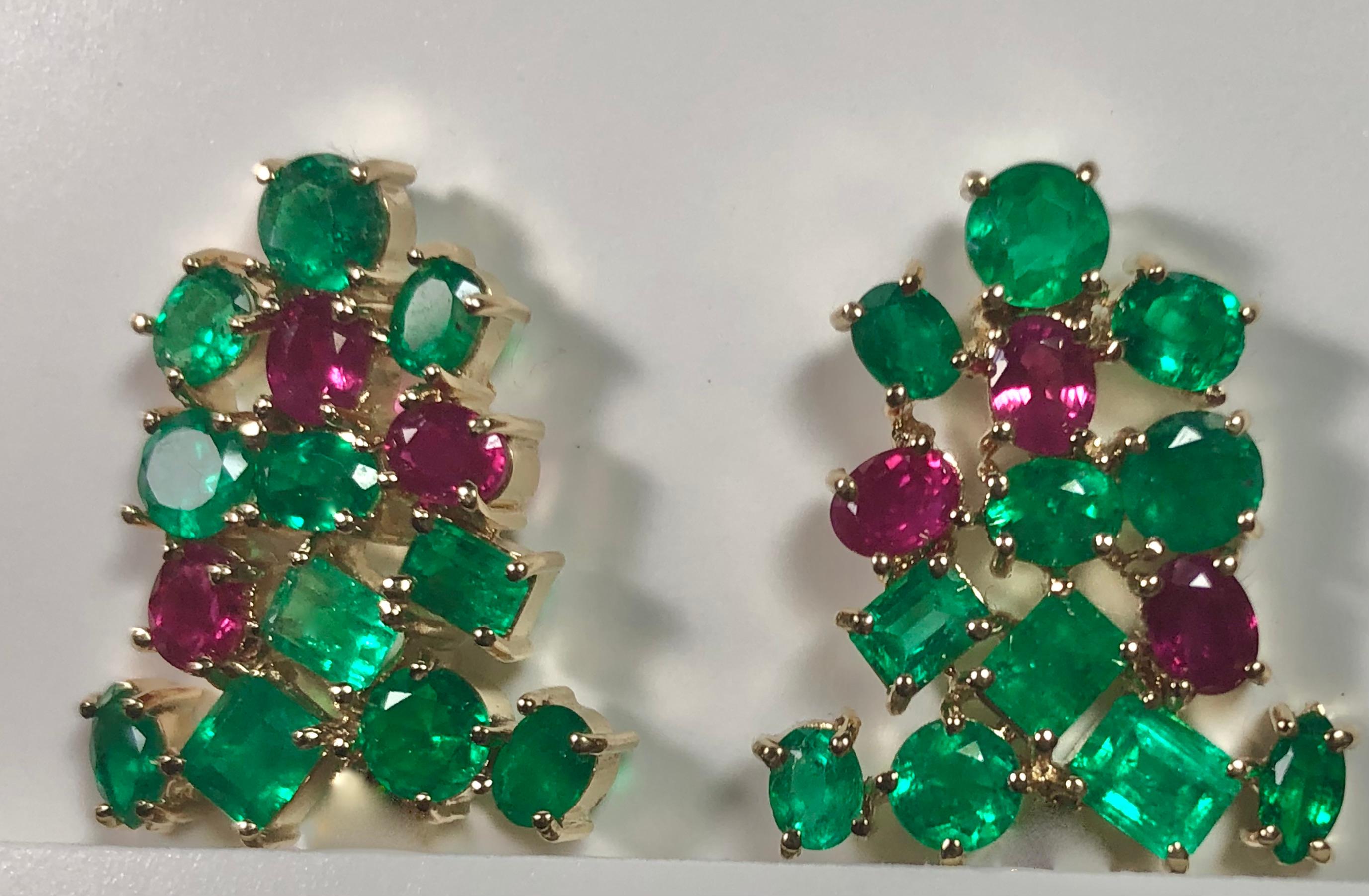 Fine Colombian Emerald and Ruby Statement Stud Earrings Set in 18K Yellow Gold.   
Colombian emerald: Approx. 5.00 carats weight. 
Ruby: Approx. 1.50 carats weight. 
Gemstone total weight: 6.50 Carats.
Stud earrings measurements: 21.00mm x