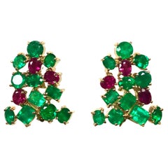 6.50 Carat Fine Colombian Emerald Ruby Stud Earrings 18K Yellow Gold