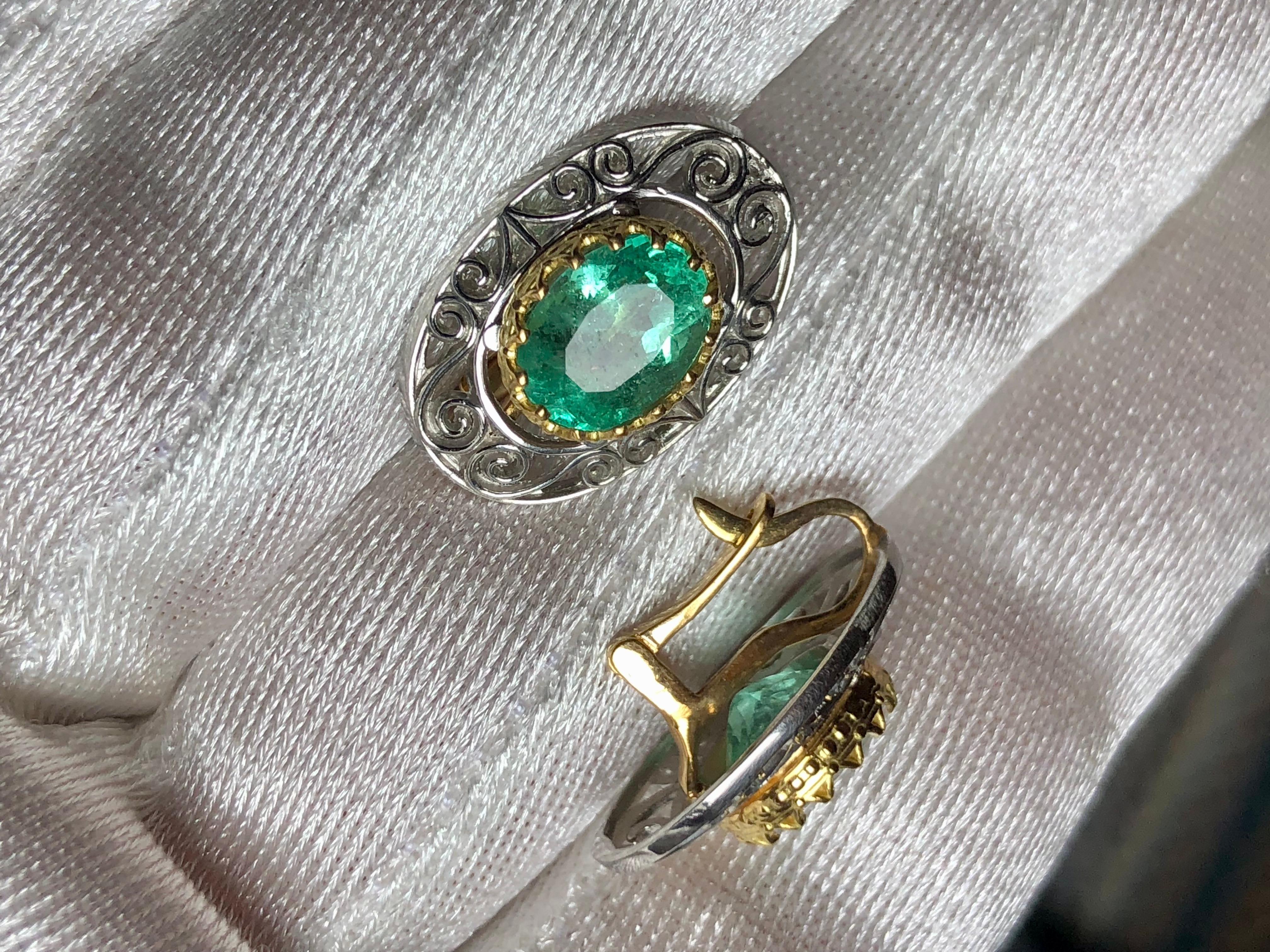 Victorian Colombian Natural Emerald Platinum 18 Karat Gold Drop Earrings For Sale