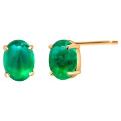 Colombian Oval Cabochon Emerald 3.10 Carat 0.28 Inch Yellow Gold Stud Earrings