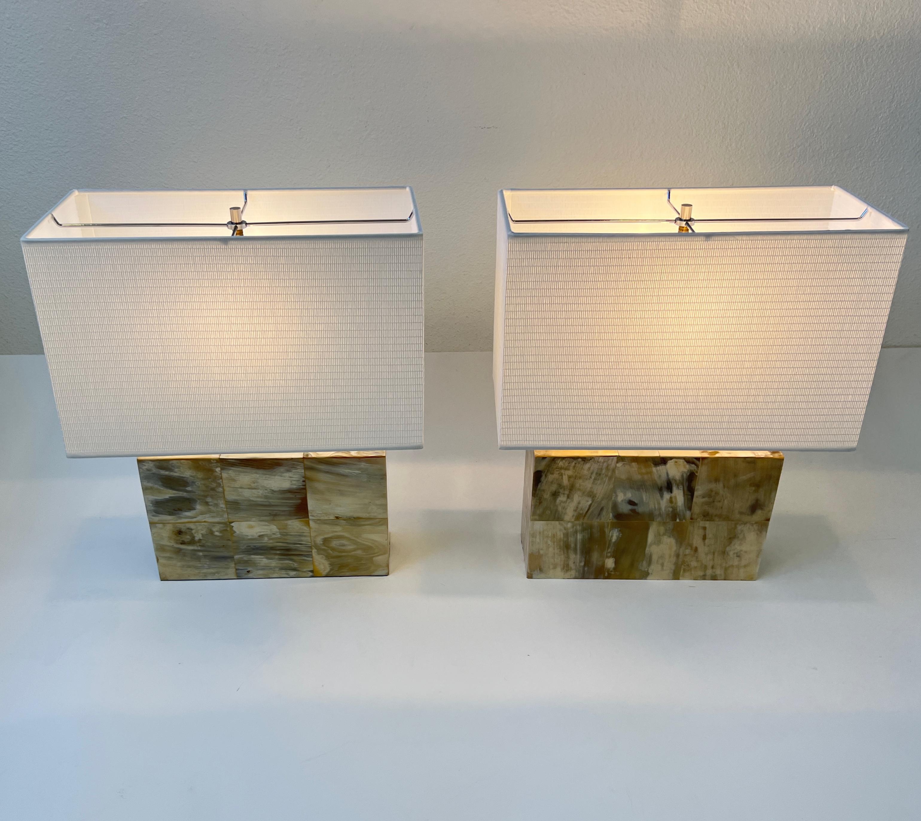 Lacquered Colombian Pair of Horn and Chrome Table Lamps by Enrique Garcel For Sale