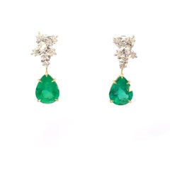 Colombian Pear-Cut Emerald & Diamond Cluster Earrings in 18k Gold, GIA Certified