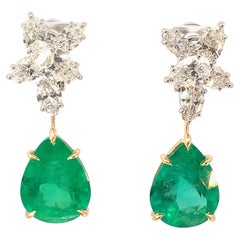 Colombian Pear-Cut Emerald & Diamond Cluster Earrings in 18k Gold, GIA Certified
