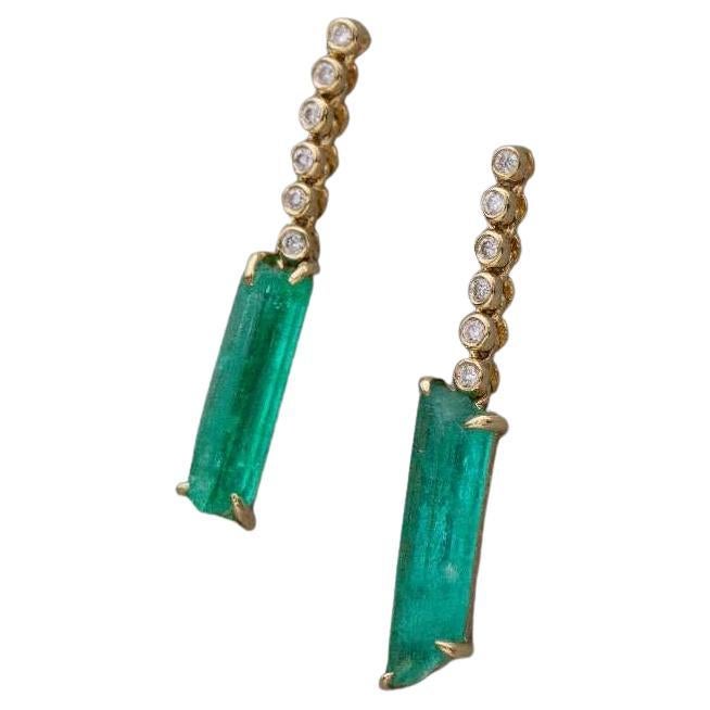 Colombian Raw Emerald Diamond Drop Earrings in 18K Yellow Gold