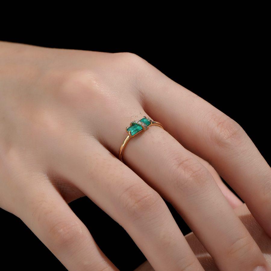 Arts and Crafts Colombian Raw Emerald Diamond Engagement Ring in 18K Yellow Gold