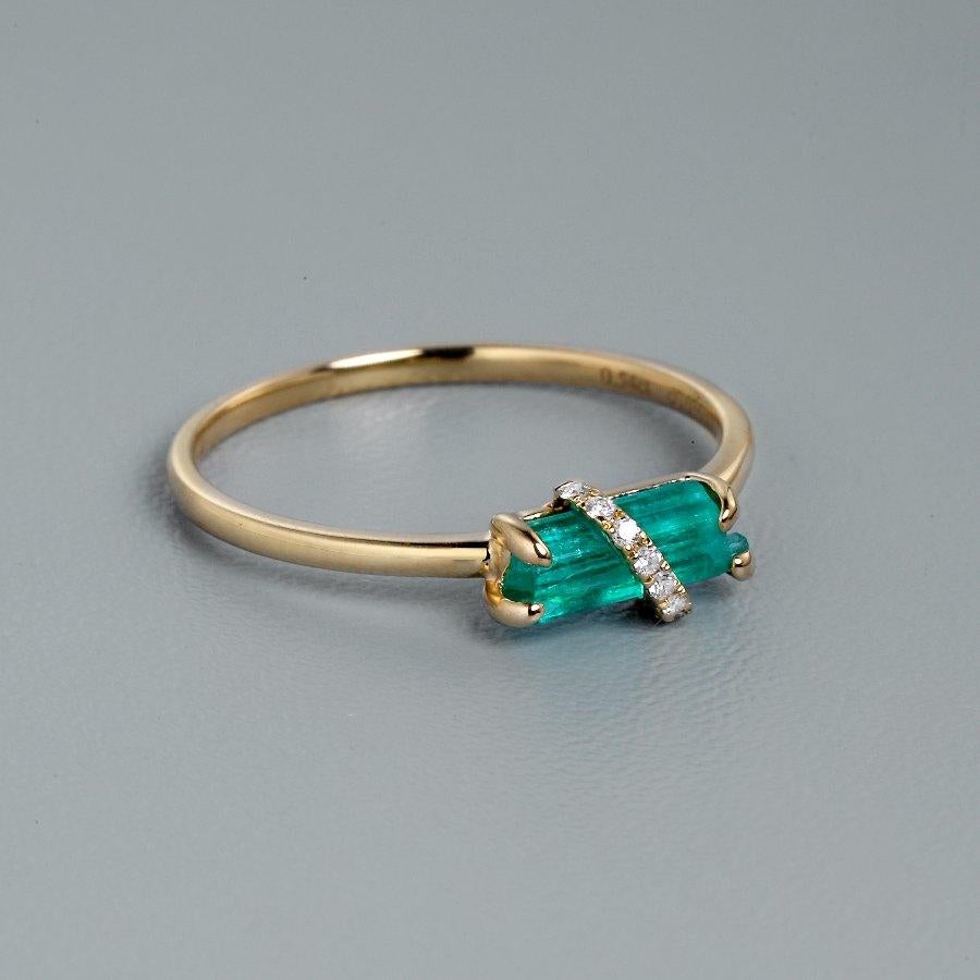 Emerald Cut Colombian Raw Emerald Diamond Engagement Ring in 18K Yellow Gold