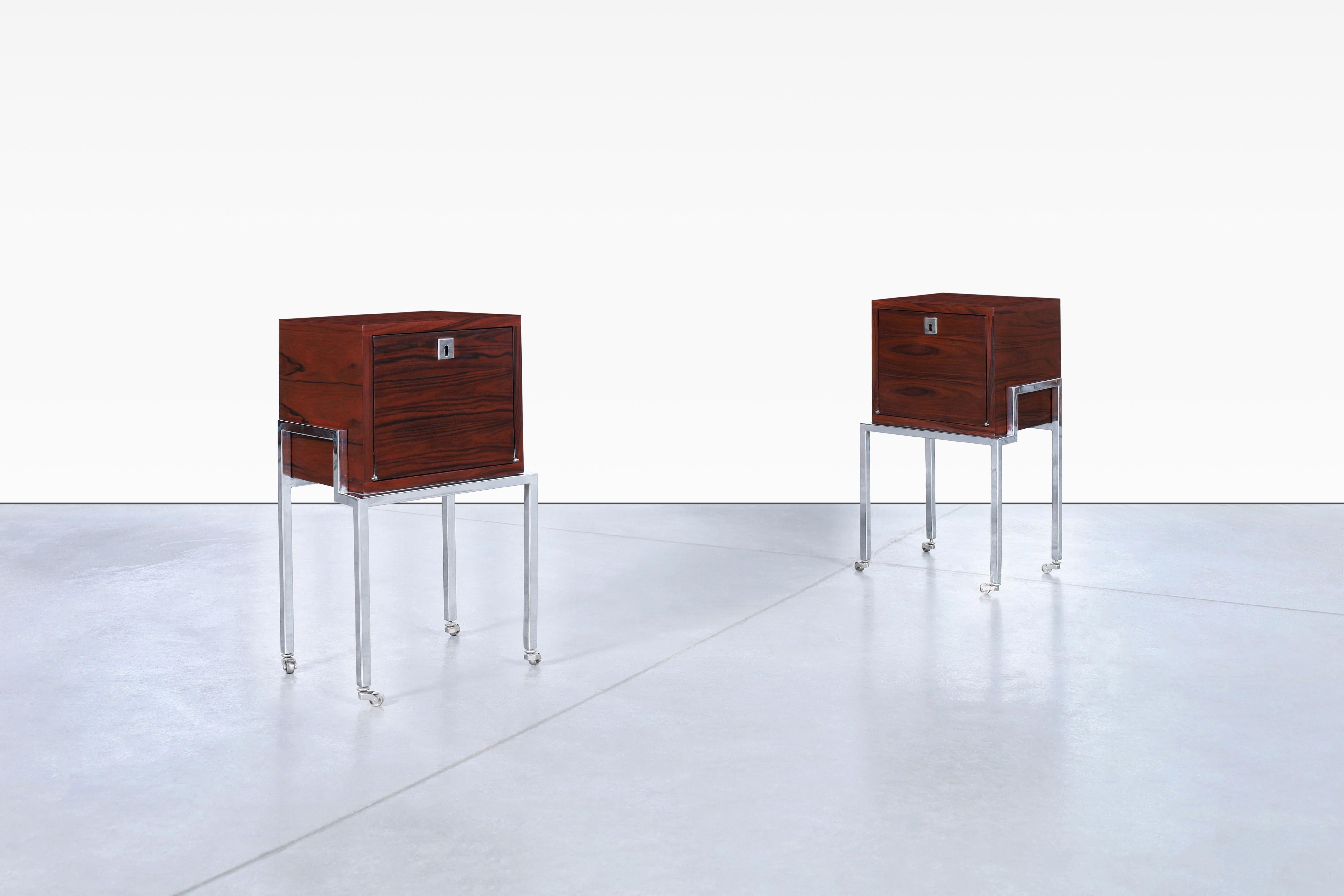 Mid-Century Modern Colombian Rosewood and Chrome End Tables or Nightstands For Sale