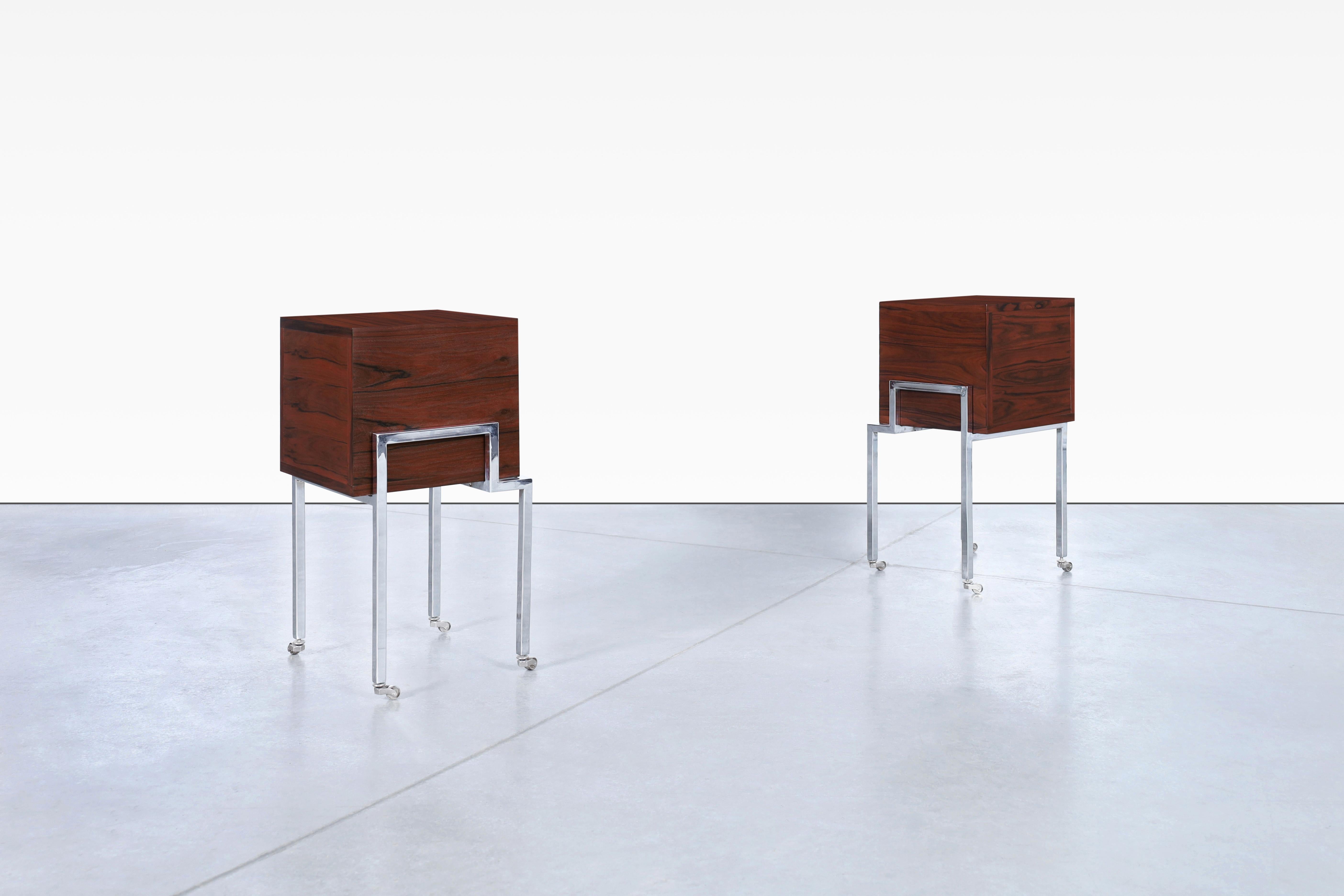 Steel Colombian Rosewood and Chrome End Tables or Nightstands For Sale