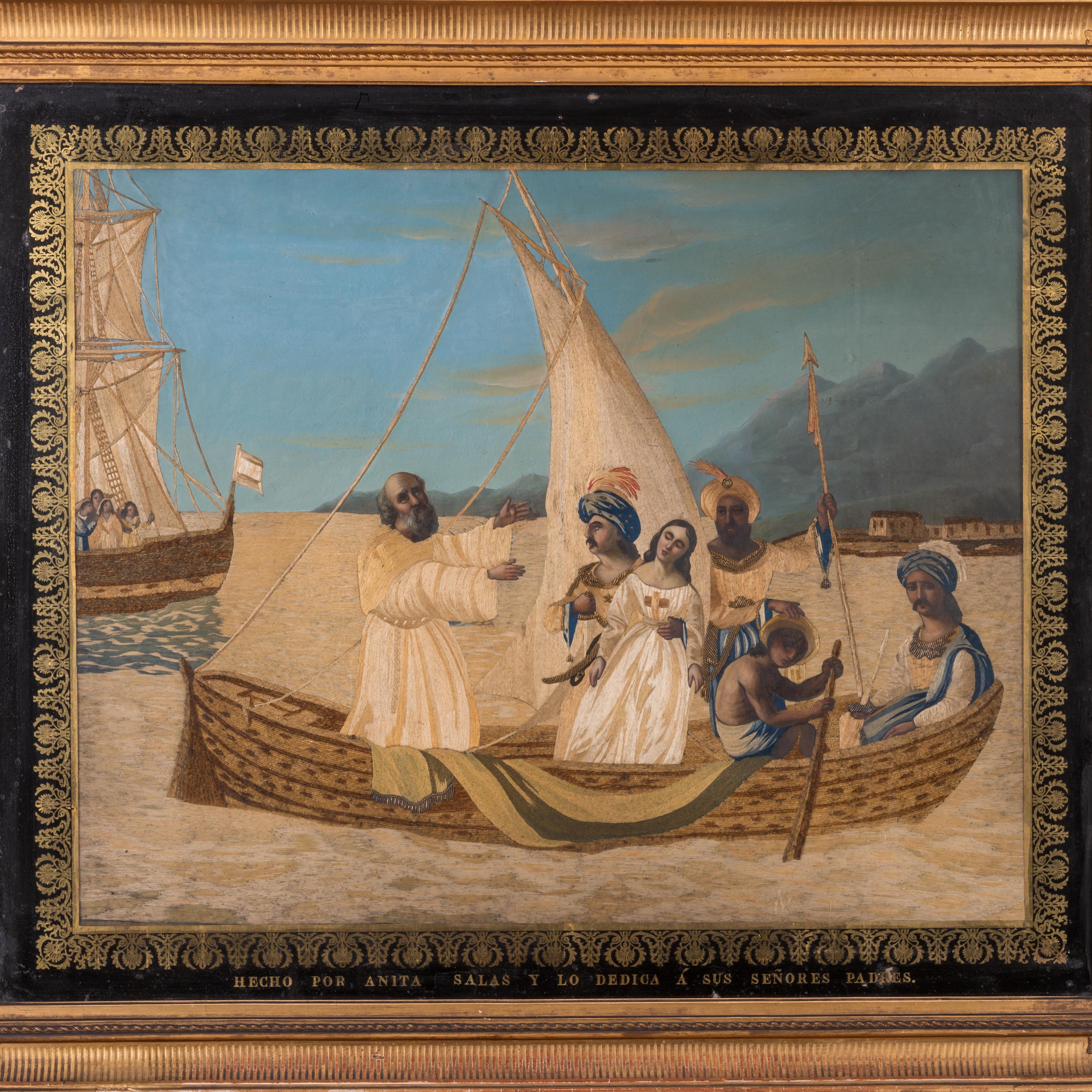 A South American historic Catholic painting with needlework under eglomise glass in gilt frame, c. mid 19th century.  Similar pieces attributed to artists from the historic Universidad del Rosario in Bogota.  Possibly a Barbary pirate kidnapping