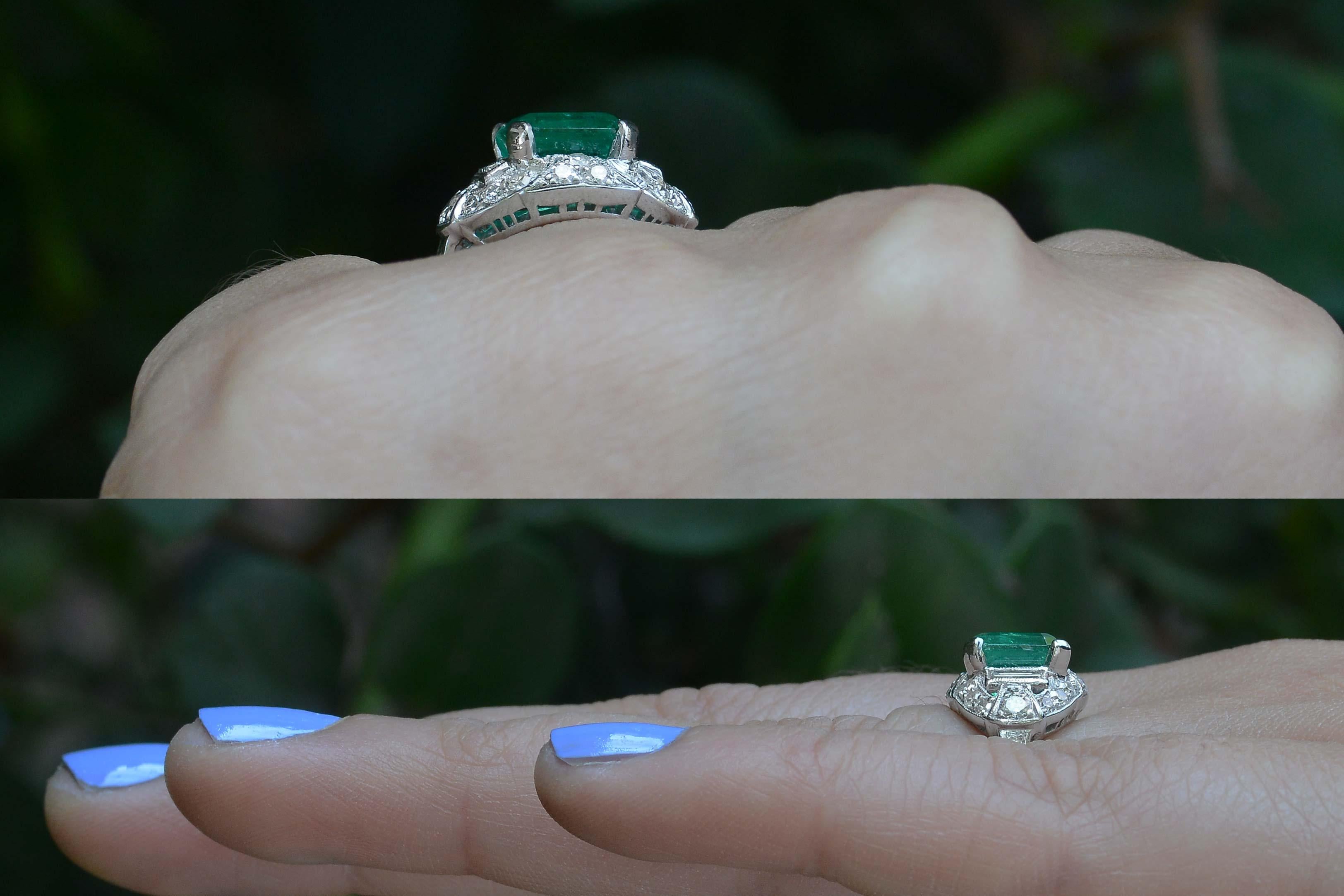 Emerald Cut Colombian Step Cut Emerald Baguette Diamonds Platinum Art Deco Engagement Ring