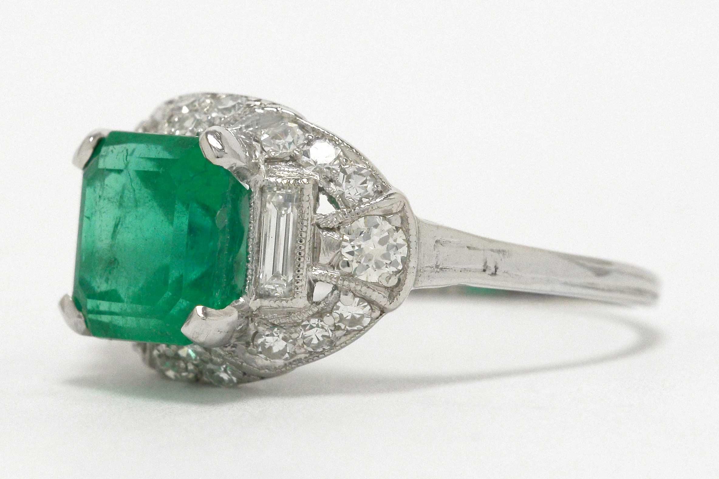 Colombian Step Cut Emerald Baguette Diamonds Platinum Art Deco Engagement Ring In Good Condition In Santa Barbara, CA