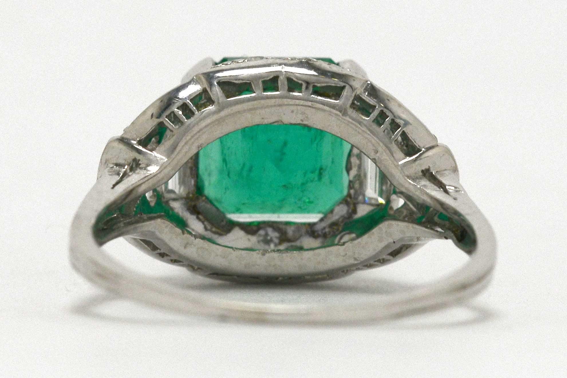 Women's or Men's Colombian Step Cut Emerald Baguette Diamonds Platinum Art Deco Engagement Ring