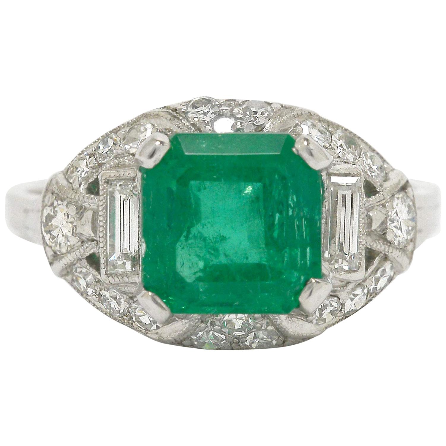 Colombian Step Cut Emerald Baguette Diamonds Platinum Art Deco Engagement Ring