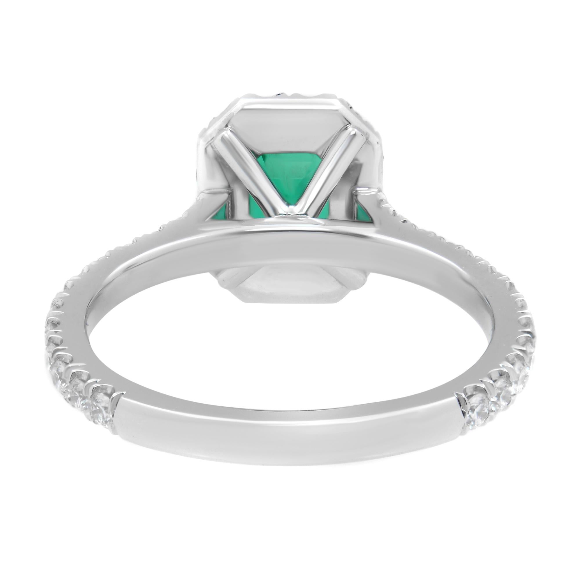 Modern Colombian Vivid Green 0.90cts Emerald Diamond Halo Engagement Ring Platinum For Sale