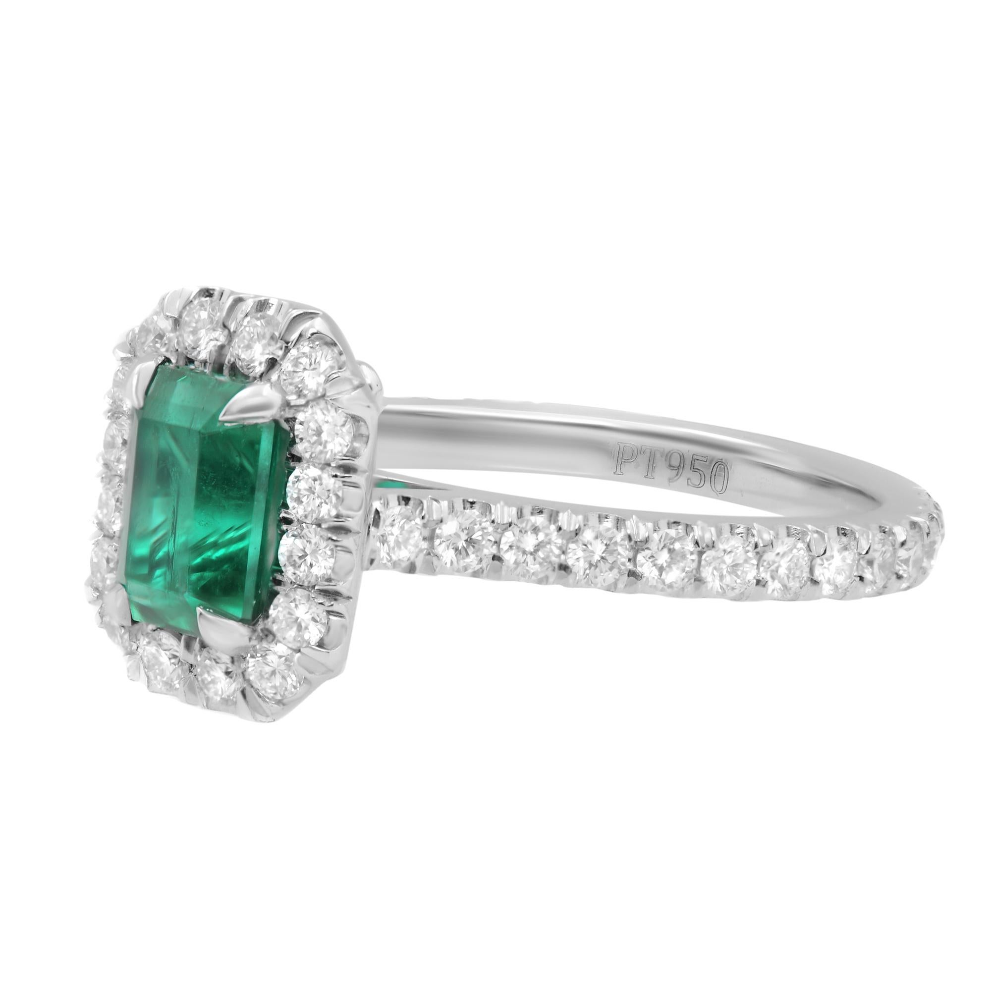 Emerald Cut Colombian Vivid Green 0.90cts Emerald Diamond Halo Engagement Ring Platinum For Sale