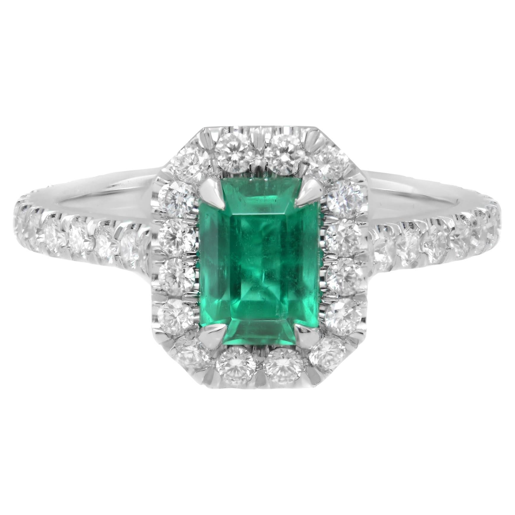 Colombian Vivid Green 0.90cts Emerald Diamond Halo Engagement Ring Platinum For Sale