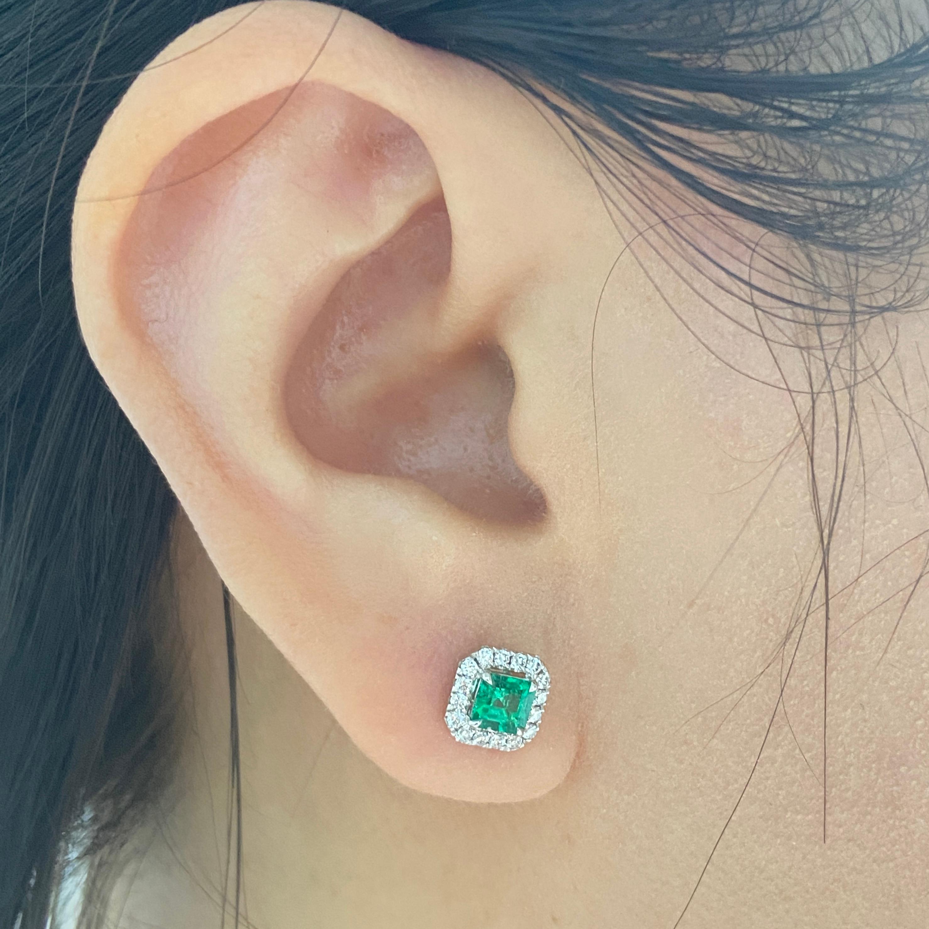 Emerald Cut Vivid Green Colombian Emerald Stud Earrings