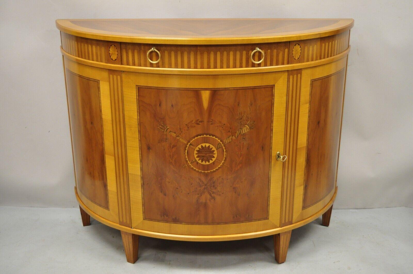 Colombo Mobili French Louis XVI Yew Wood Inlay Demilune Commode Cabinet, a Pair 4
