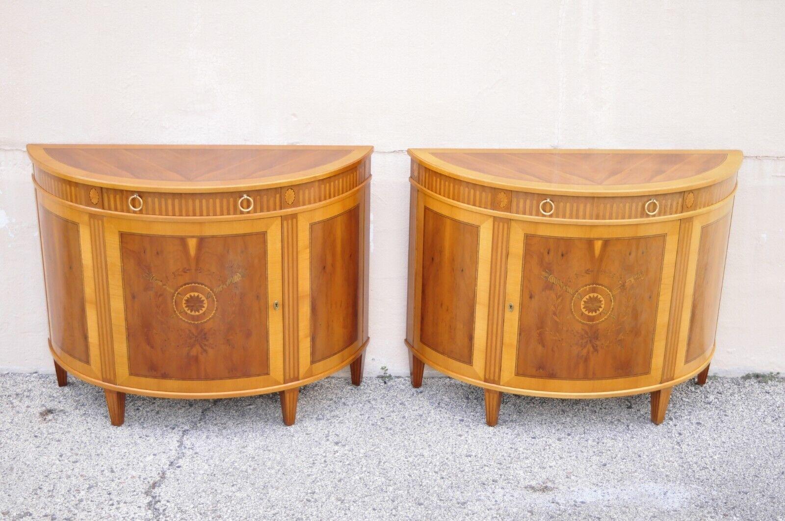 Colombo Mobili French Louis XVI Yew Wood Inlay Demilune Commode Cabinet, a Pair 6
