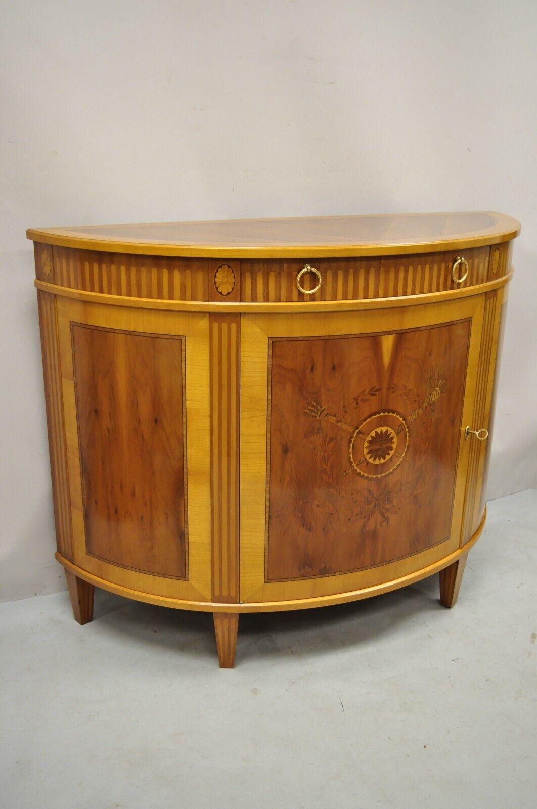 Colombo Mobili French Louis XVI Style Yew Wood Satinwood Inlay Demilune Commode Cabinet - a Pair. Item features wreath and torch inlay, banded tops, demilune shape, beautiful yew wood and satinwood inlay, beautiful wood grain, 1 swing door, working