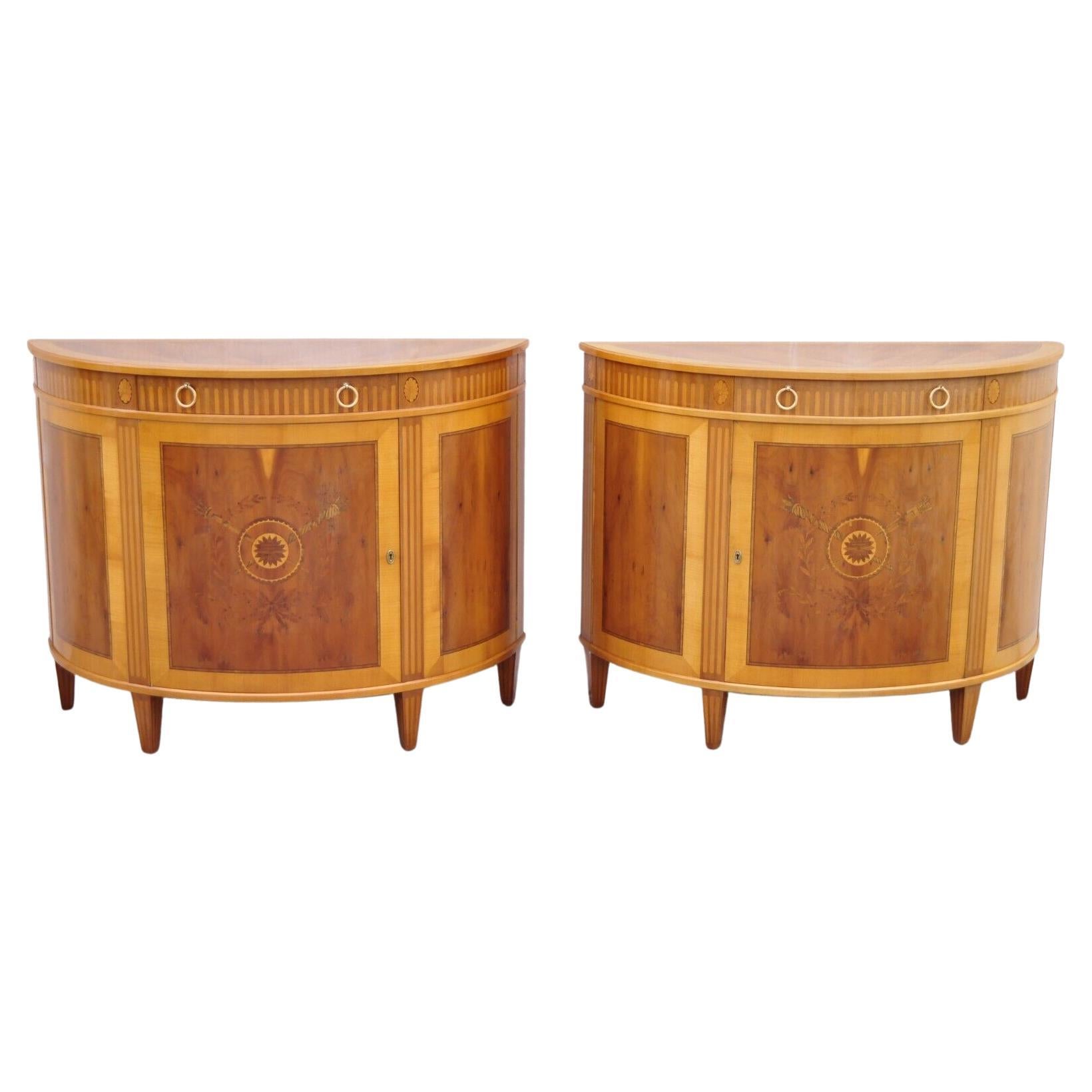 Colombo Mobili French Louis XVI Yew Wood Inlay Demilune Commode Cabinet, a Pair