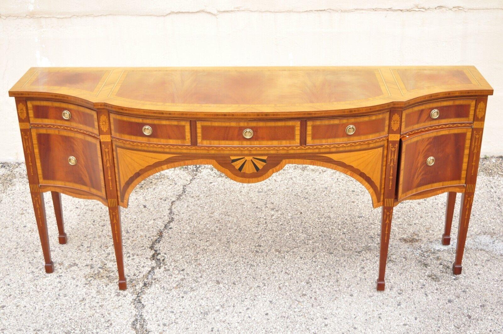 Colombo Mobili Hepplewhite Style Mahogany Satinwood Inlay Sideboard Buffet Item features pinwheel and bellflower satinwood inlay, half round demilune shape, beautiful wood grain, original stamp, 5 drawers, tapered legs, solid brass hardware, quality