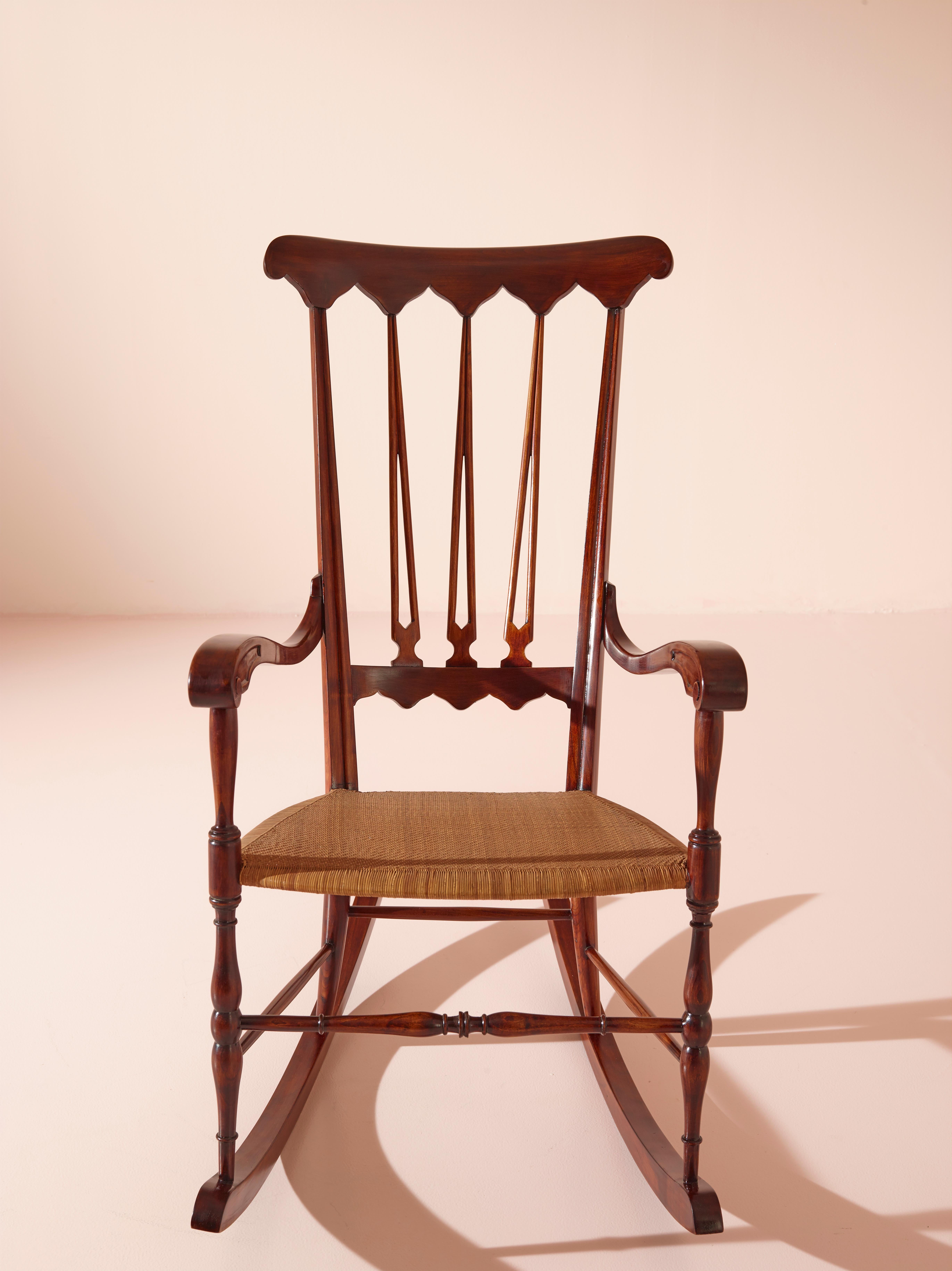 Straw Colombo Sanguineti rocking chair made of beech and woven straw, Chiavari, 1940s For Sale
