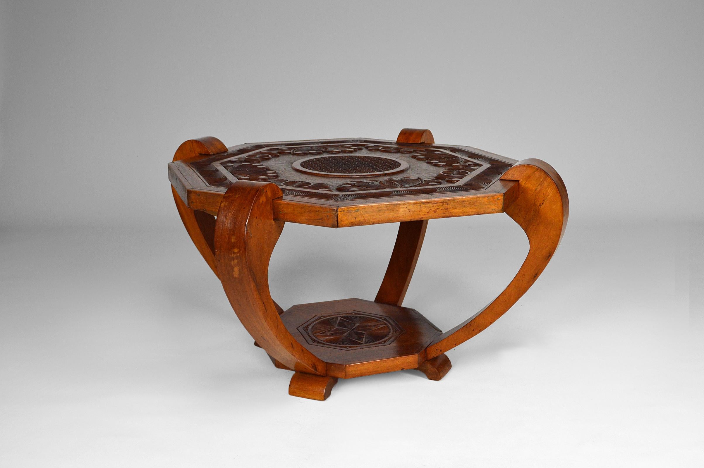 Mid-20th Century Colonial Art Deco Carved Coffee Table, circa 1930 For Sale