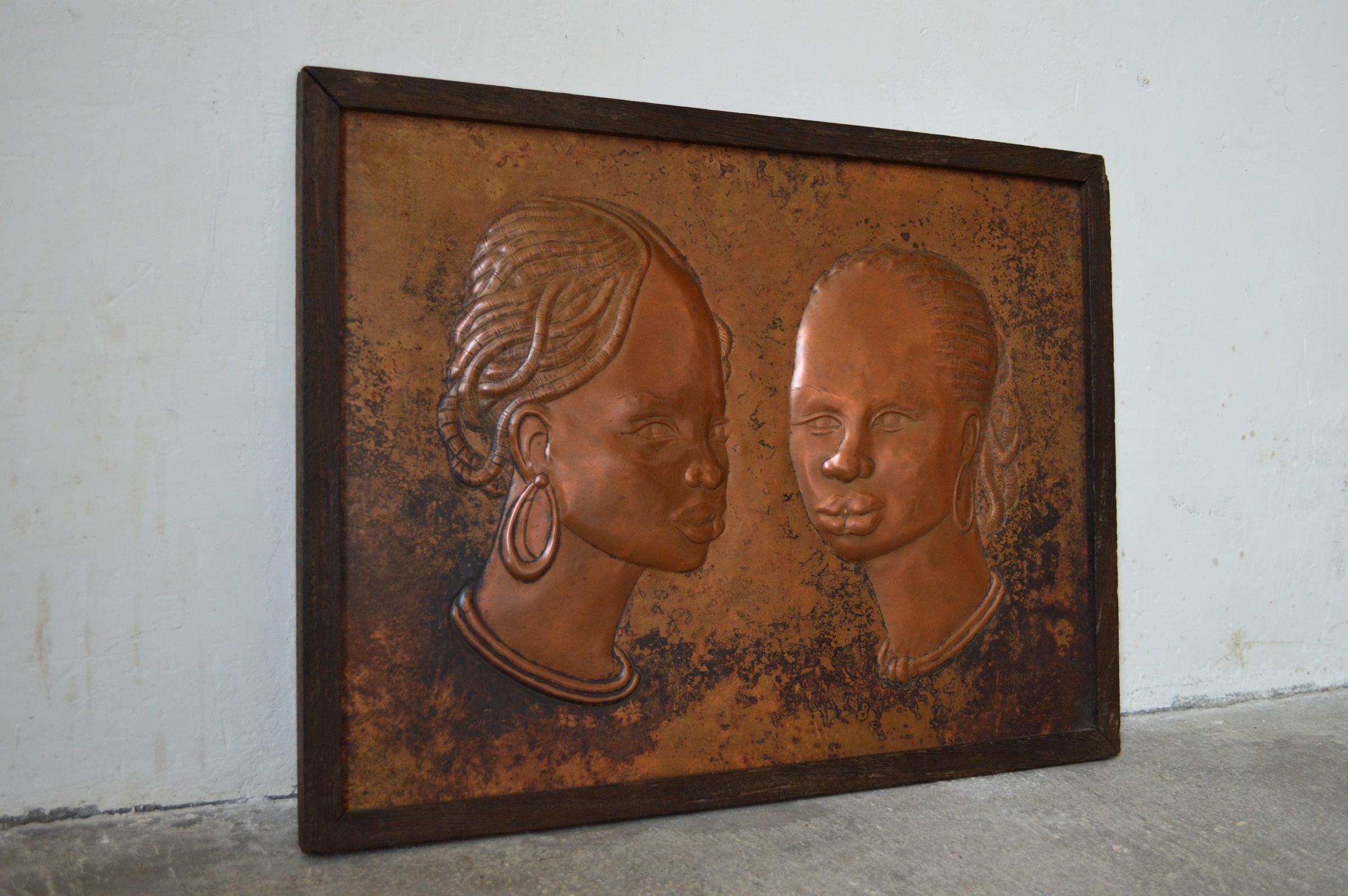 Embossed Colonial Art Deco Style Copperware Panel with Rich Patina, 2 African Women, 1984 For Sale