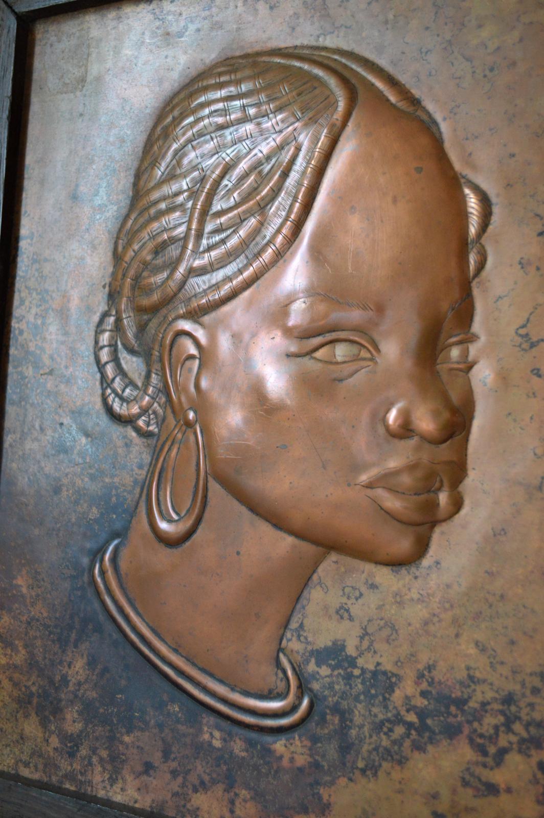 Late 20th Century Colonial Art Deco Style Copperware Panel with Rich Patina, 2 African Women, 1984 For Sale