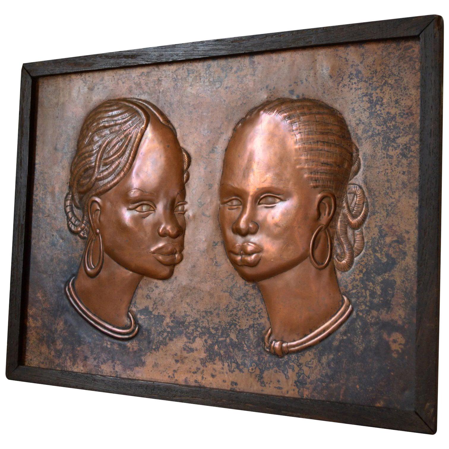 Colonial Art Deco Style Copperware Panel with Rich Patina, 2 African Women, 1984 For Sale