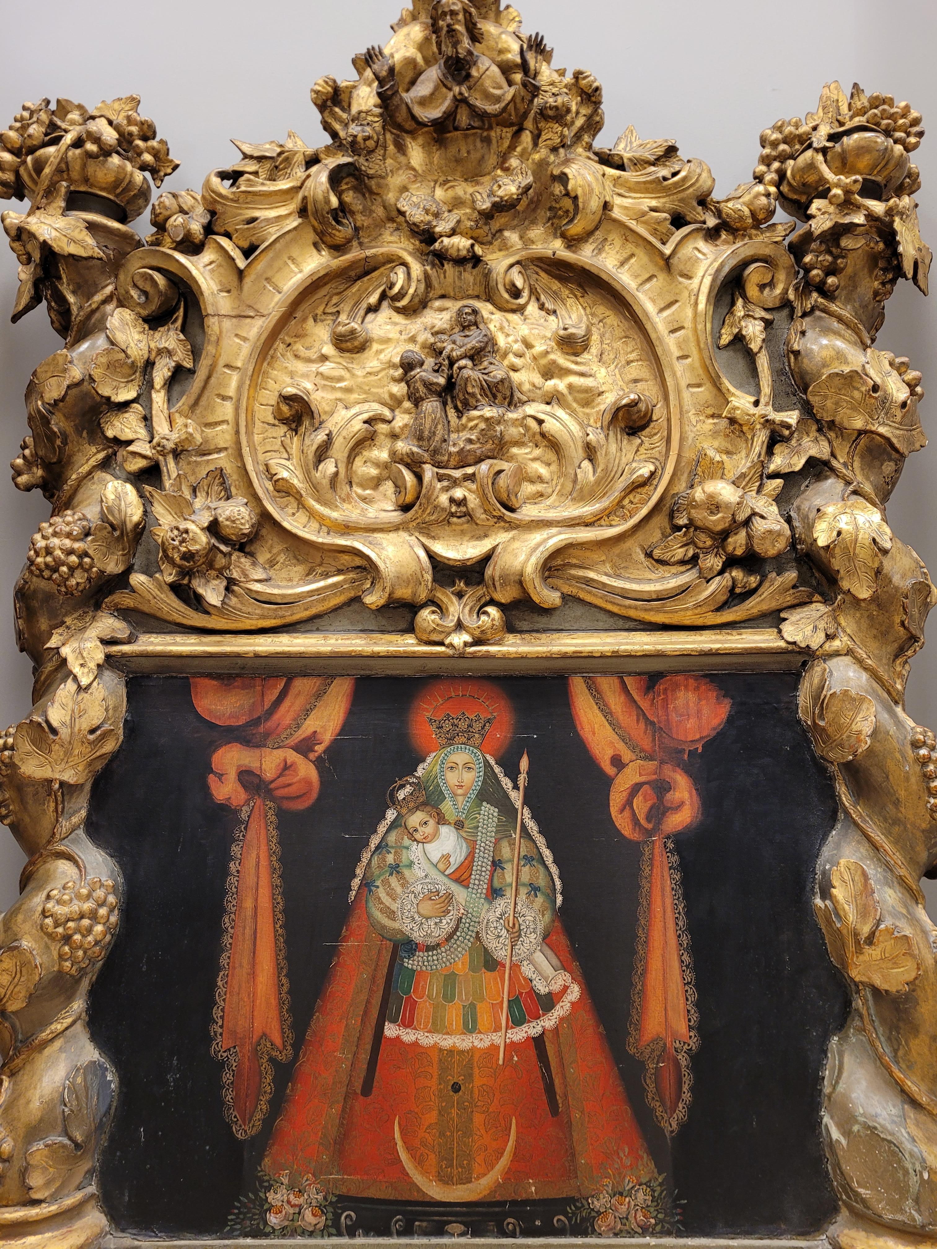 One of a Kind Colonial Baroque altarpiece where the Virgin of Candelaria is represented, made in the 18th century in Cuzco (Peru). This magnificent piece has two different parts of extraordinary quality. The first is a painting where Marian