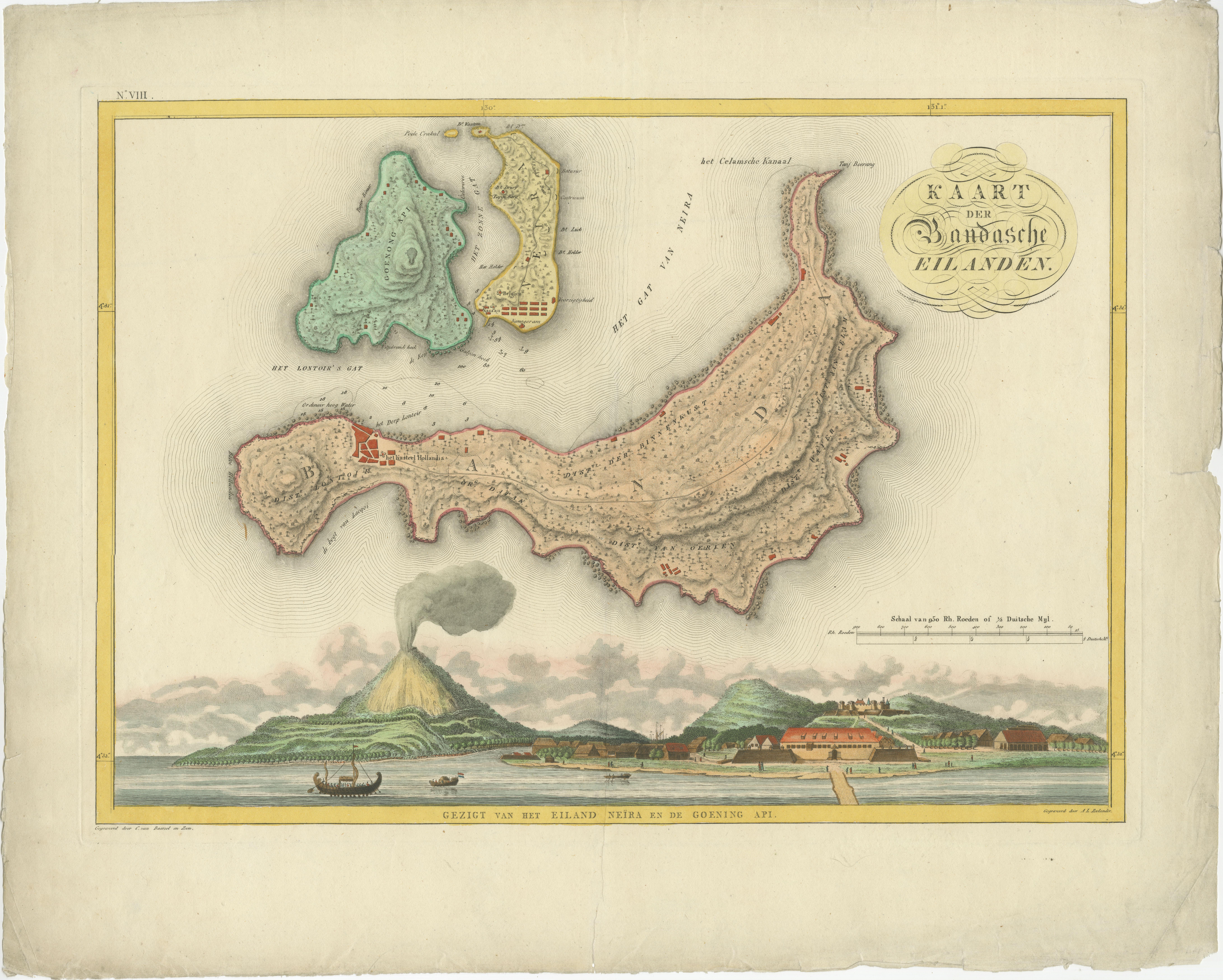 Antique map titled 'Kaart der Bandasche Eilanden' with a view titled 'Gezigt van het Eiland Neira en de Goening Api'. Rare and attractive map of the Banda Islands with a large view of Banda Neira and Gunung Api. One of 12 maps from ‘Atlas van