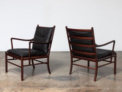 Colonial Chairs Ole Wanscher for PJ Møbler in Black Leather Mahogany Woven Cane