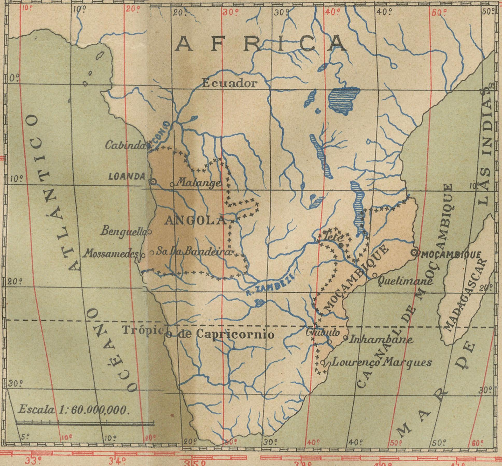 The image for sale is an original historical map from 1903 that shows the Portuguese colonies of Angola on the left and Mozambique on the right. These two territories on the African continent were major parts of Portugal's overseas empire.

Angola
