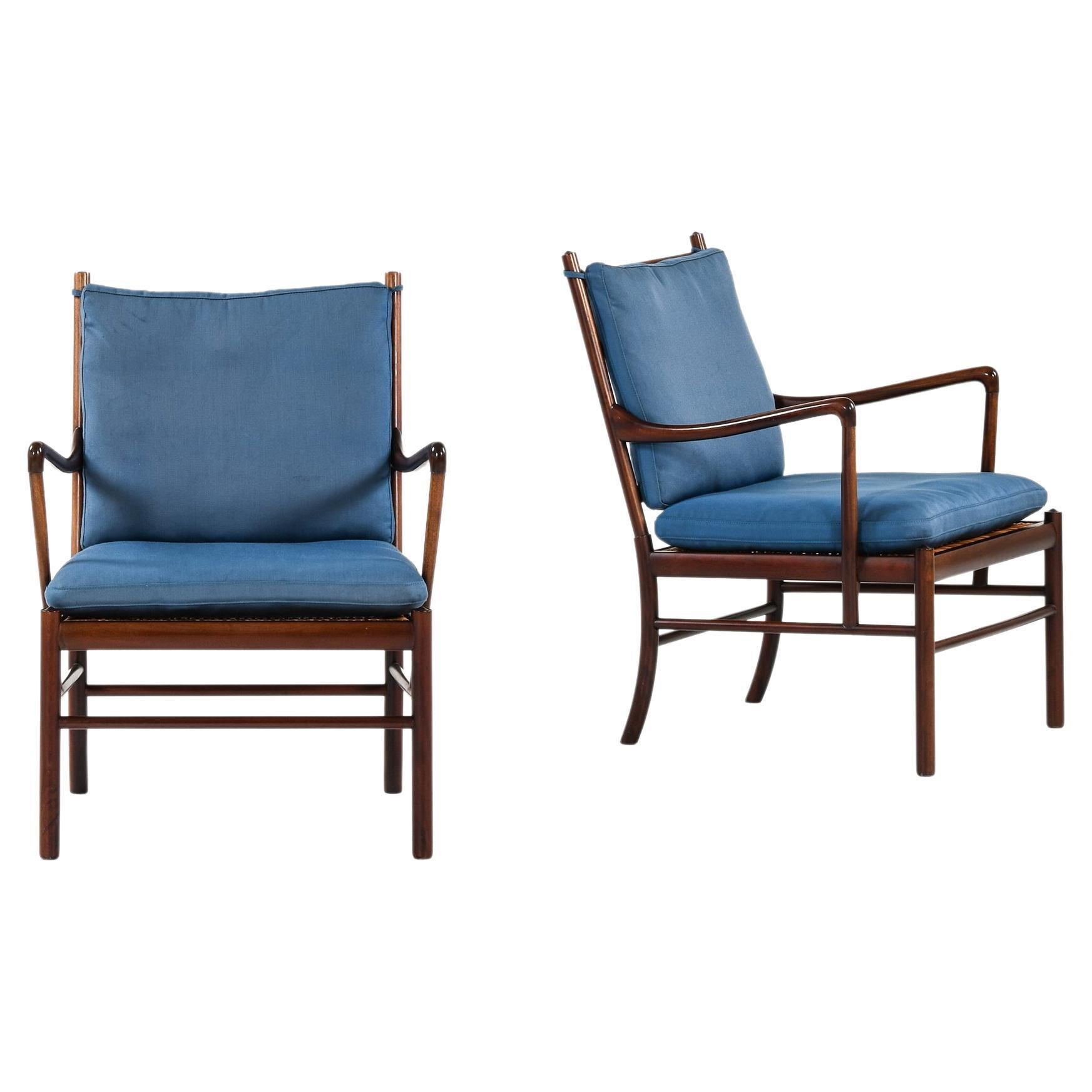 Colonial Easy Chairs in Mahogany, Woven Cane and Fabric by Ole Wanscher, 1960's For Sale