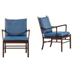 Colonial Easy Chairs in Mahogany, Woven Cane and Fabric by Ole Wanscher, 1960's