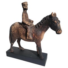 Colonial Era Hand Carved Wooden Horse and Rider