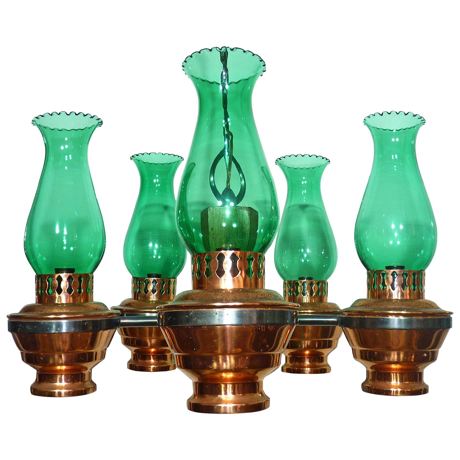Colonial French Country Copper and Wood Chandelier Oil Lamp w Green Glass Shades For Sale at 1stDibs
