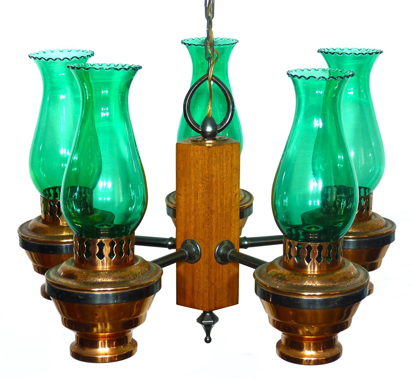 Burnished Colonial French Country Copper and Wood Chandelier Oil Lamp w Green Glass Shades