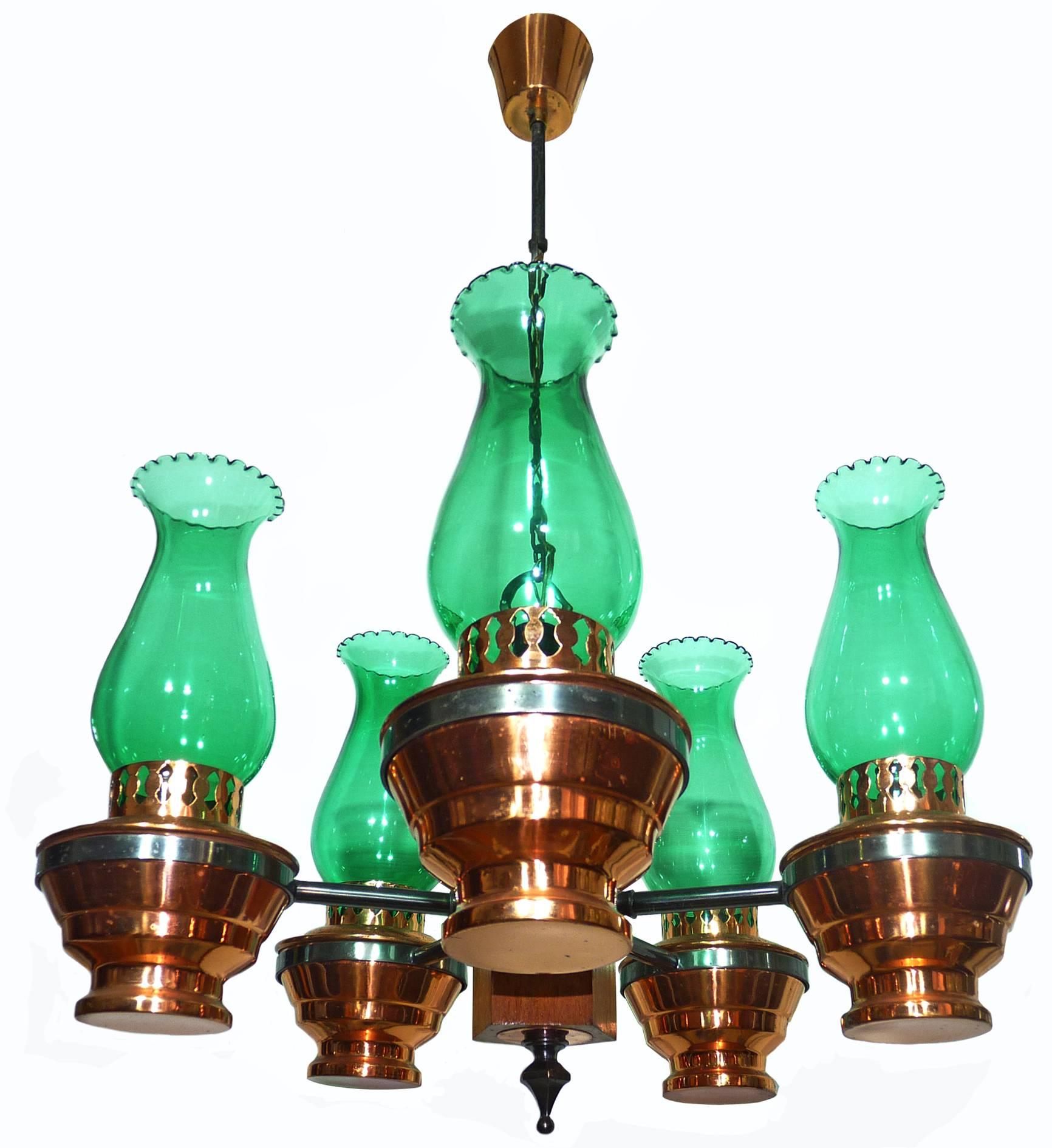 Colonial French Country Copper and Wood Chandelier Oil Lamp w Green Glass Shades In Excellent Condition In Coimbra, PT